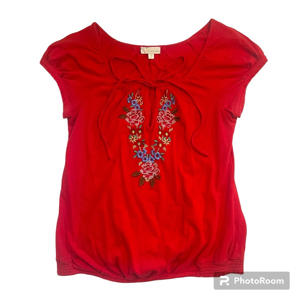 Vintage Currants 100% Cotton Red Women’s Short Sleeve Peasant Blouse Size Small
